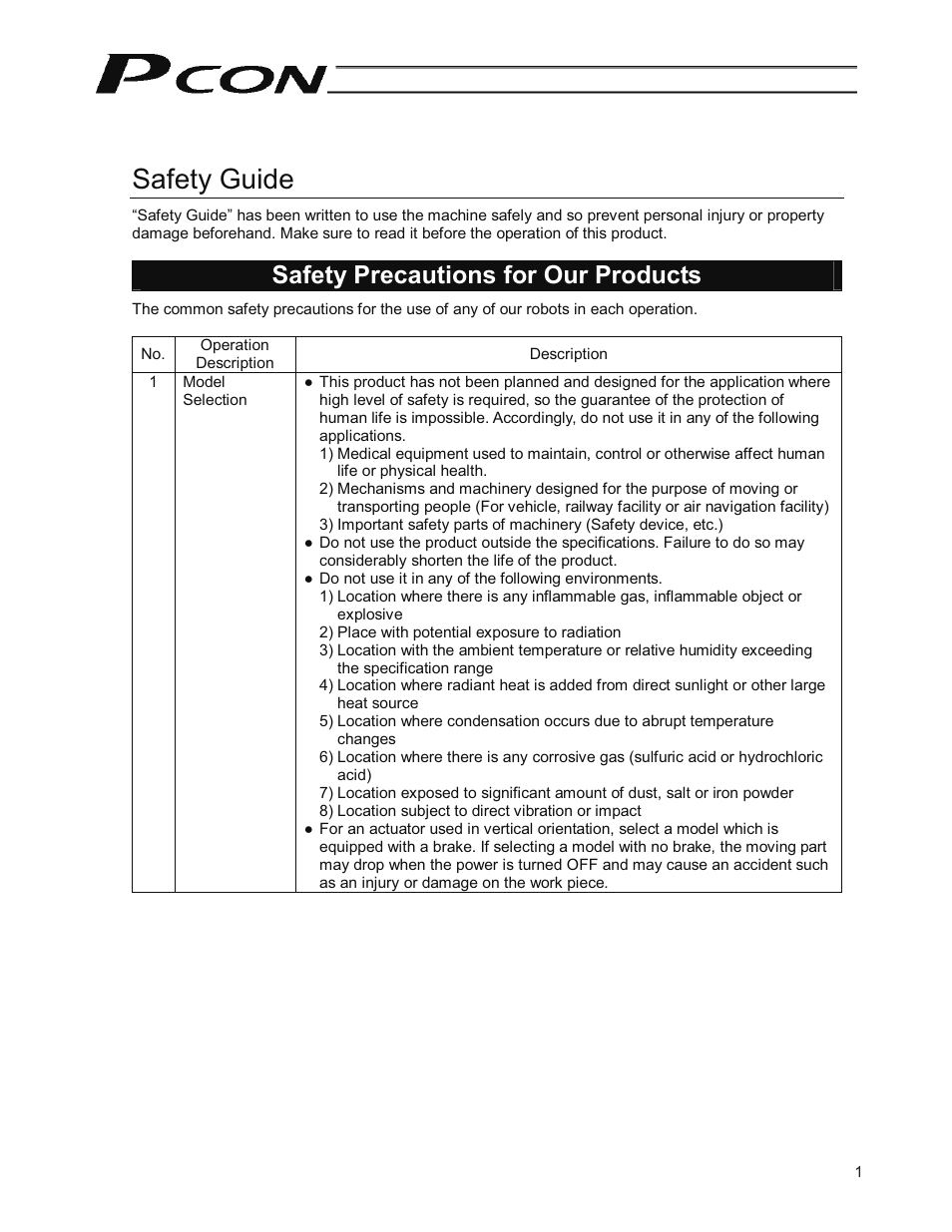 Safety guide, Safety precautions for our products | IAI America PCON-SE User Manual | Page 13 / 160