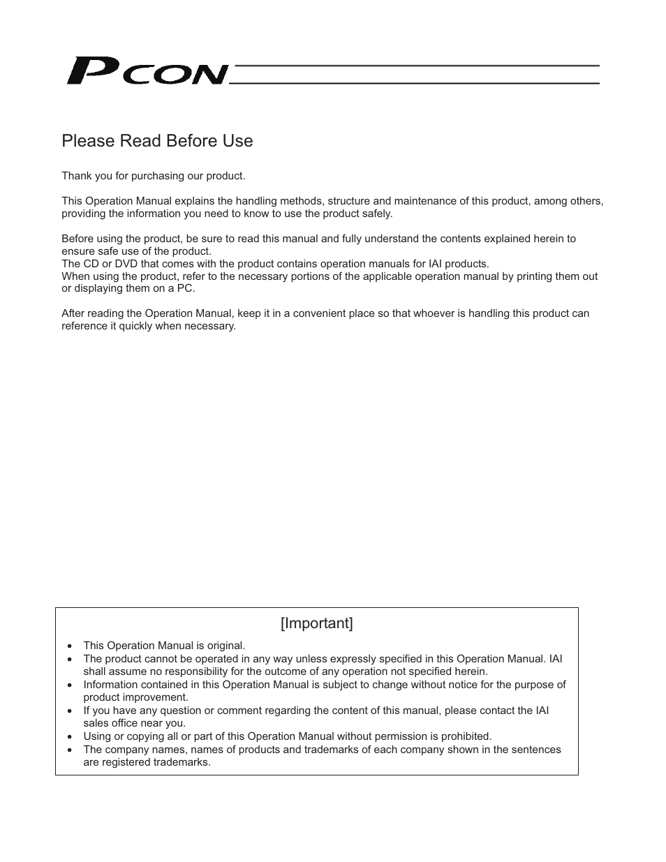 Please read before use, Important | IAI America PCON-SE User Manual | Page 3 / 160