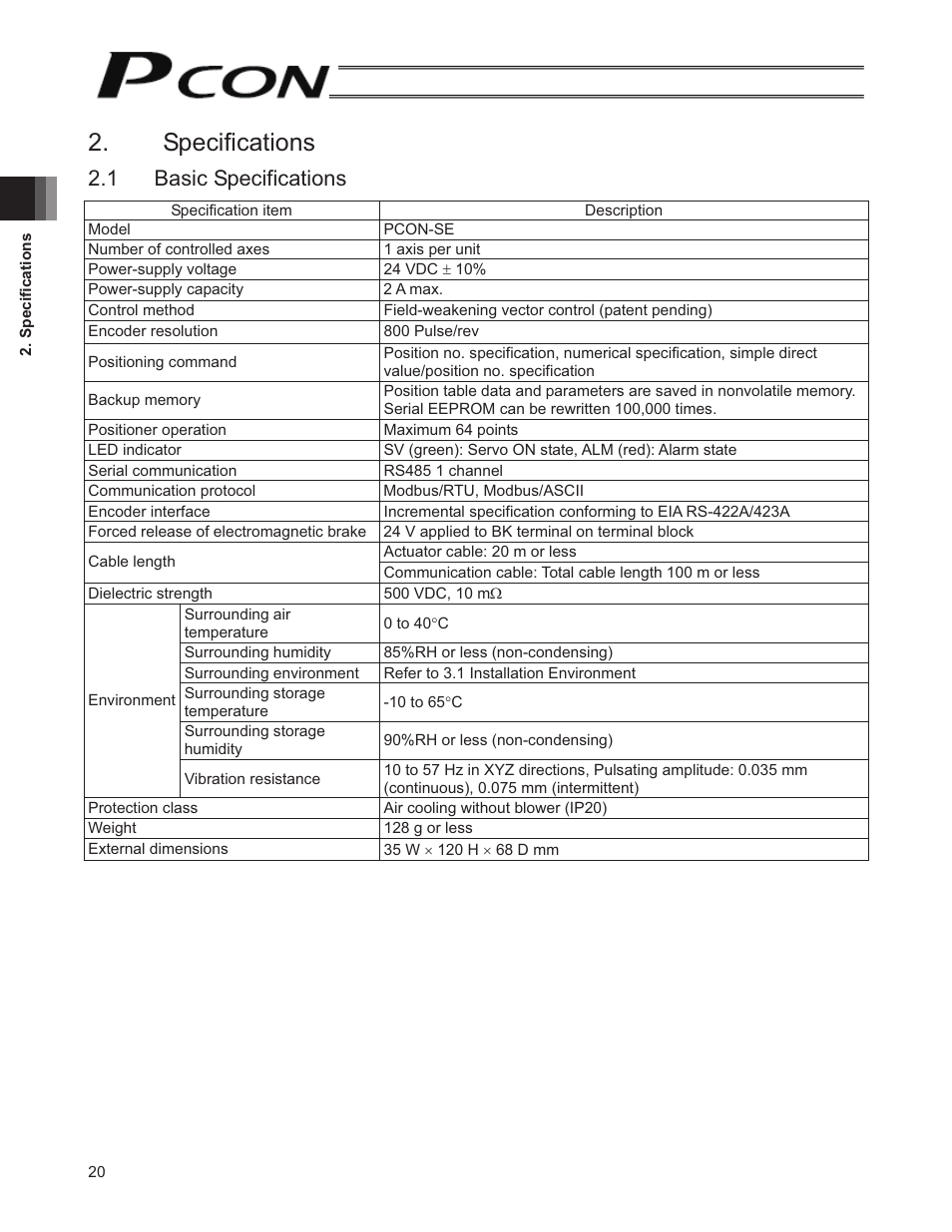 Specifications, 1 basic specifications | IAI America PCON-SE User Manual | Page 32 / 160