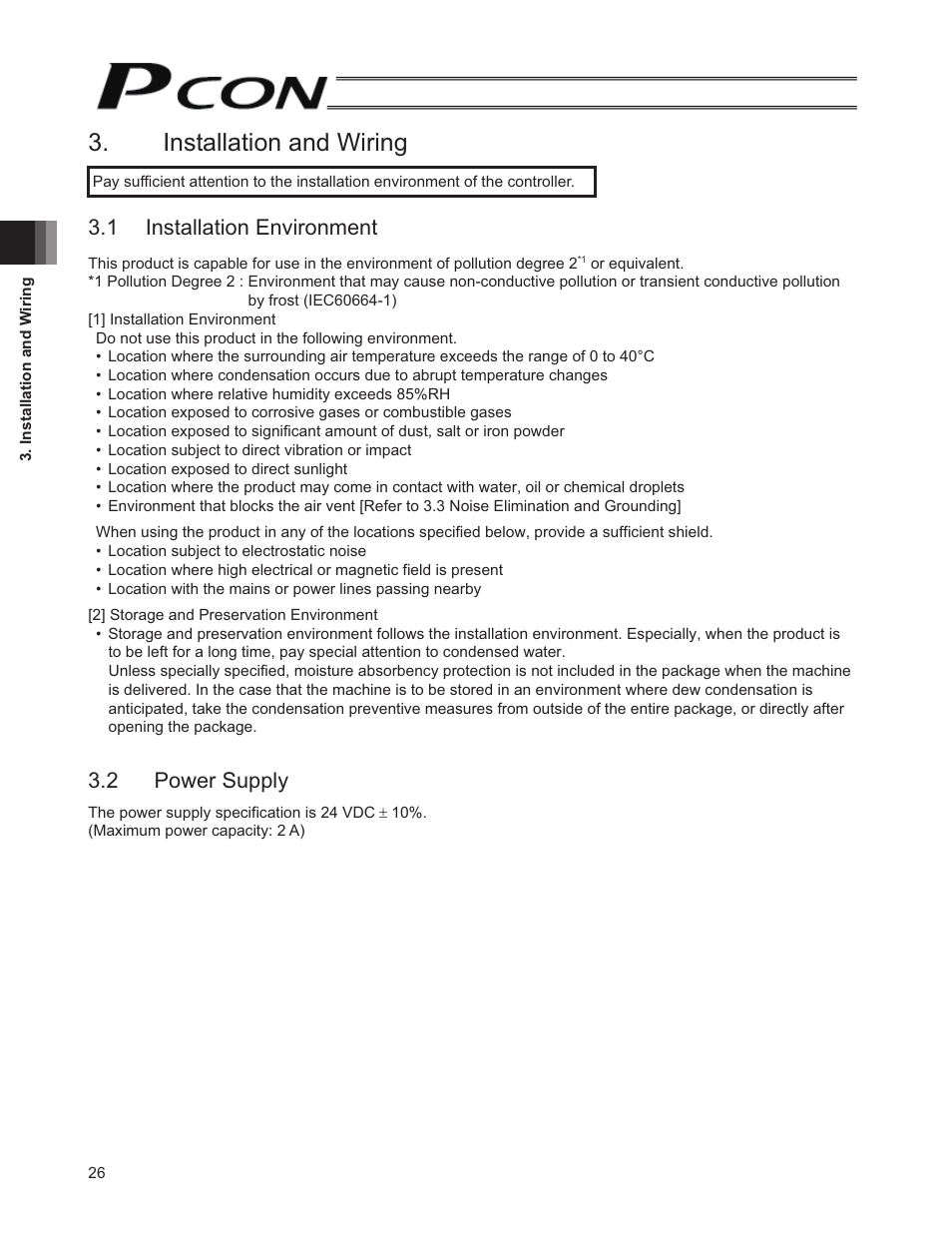 Installation and wiring, 1 installation environment, 2 power supply | IAI America PCON-SE User Manual | Page 38 / 160
