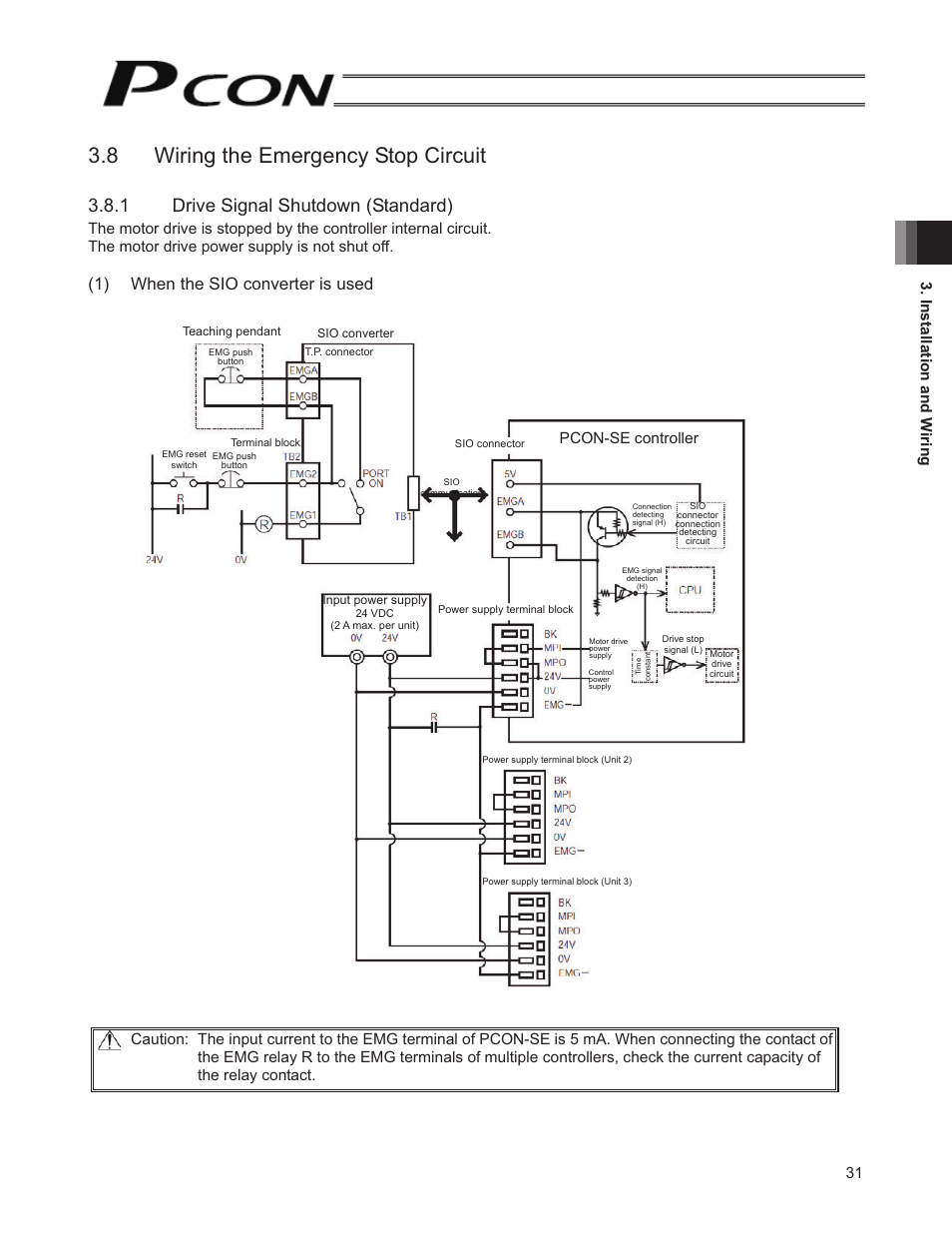 8 wiring the emergency stop circuit, 1 drive signal shutdown (standard), 1) when the sio converter is used | 31 3. installation and w iring, Pcon-se controller | IAI America PCON-SE User Manual | Page 43 / 160