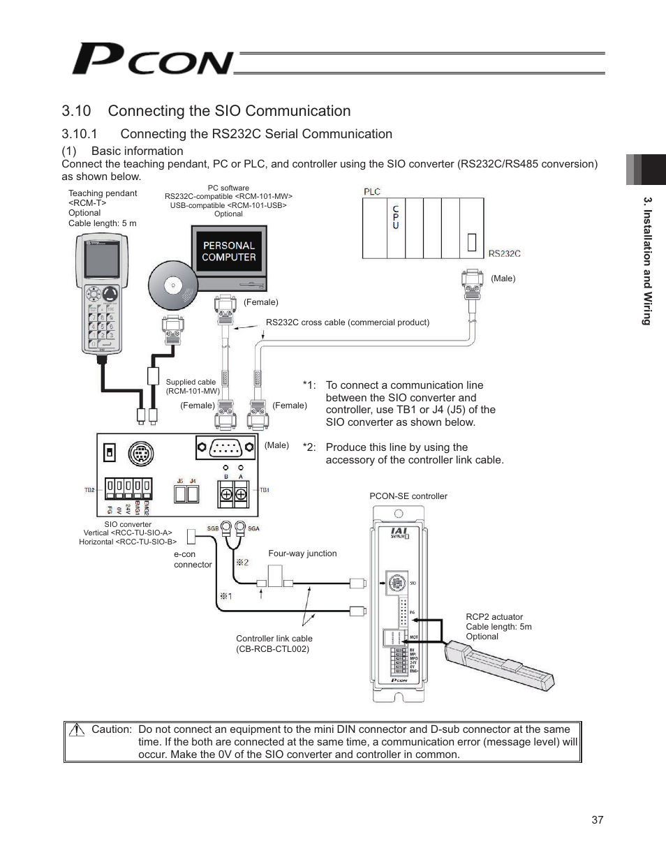 10 connecting the sio communication, 1 connecting the rs232c serial communication, 1) basic information | IAI America PCON-SE User Manual | Page 49 / 160