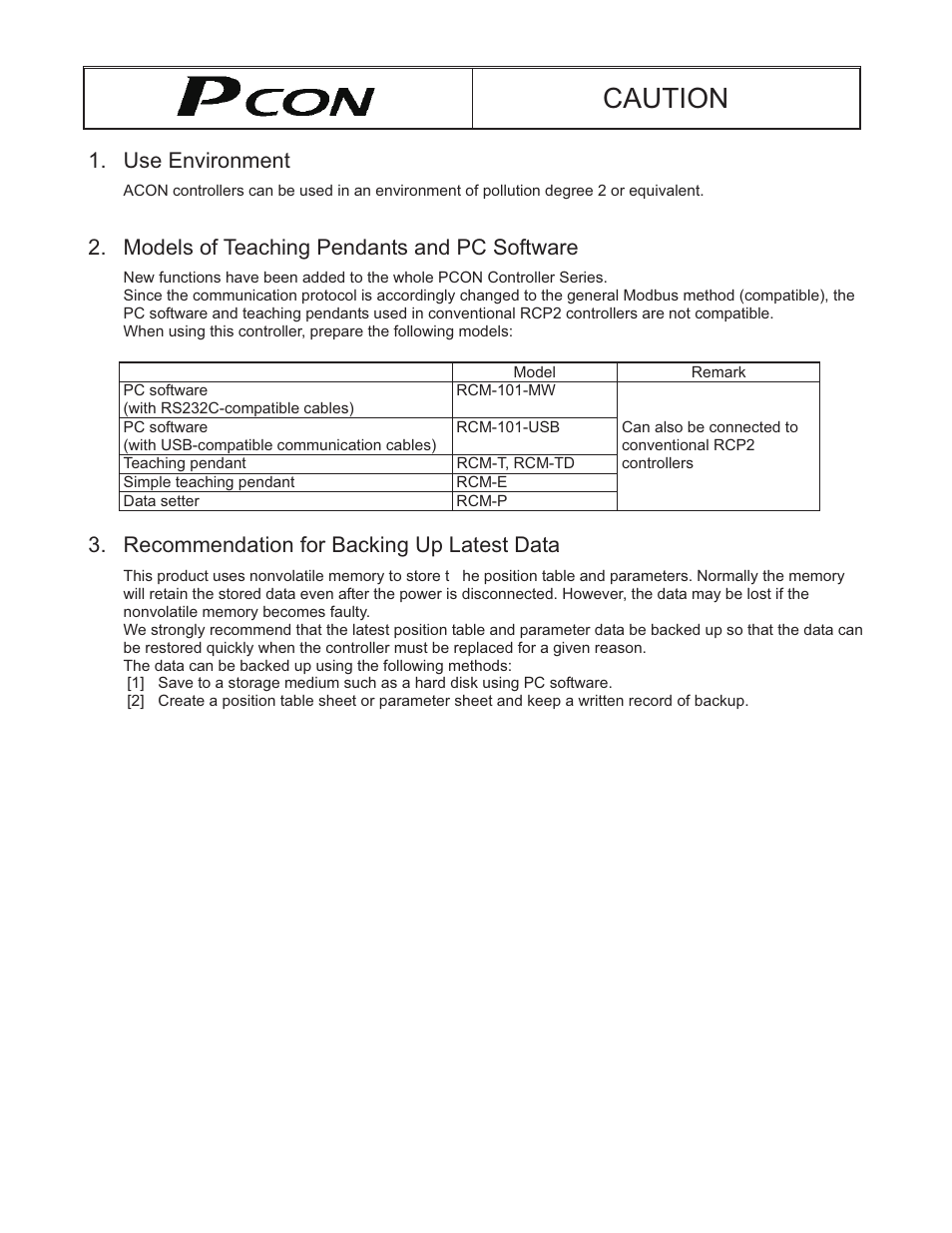 Caution, Use environment, Models of teaching pendants and pc software | Recommendation for backing up latest data | IAI America PCON-SE User Manual | Page 5 / 160