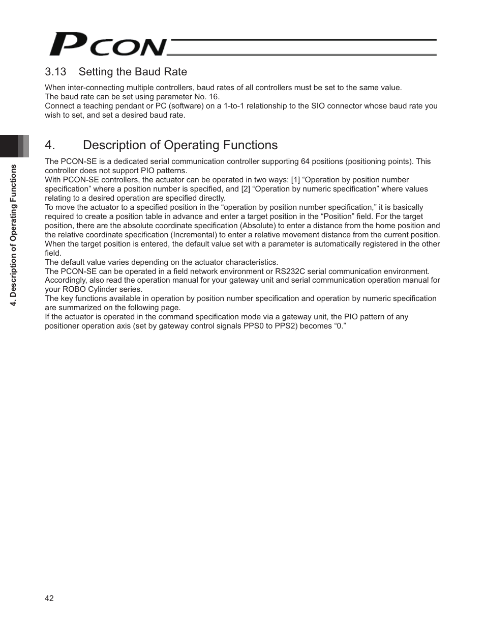 13 setting the baud rate, Description of operating functions | IAI America PCON-SE User Manual | Page 54 / 160