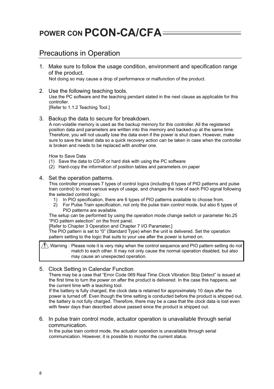 Precautions in operation, Pcon-ca/cfa, Power con | IAI America PCON-CA User Manual | Page 16 / 296