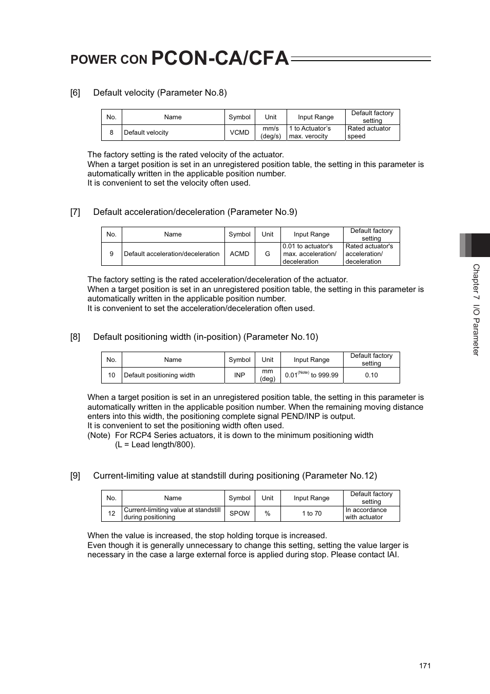 Pcon-ca/cfa, Power con, 6] default velocity (parameter no.8) | IAI America PCON-CA User Manual | Page 179 / 296