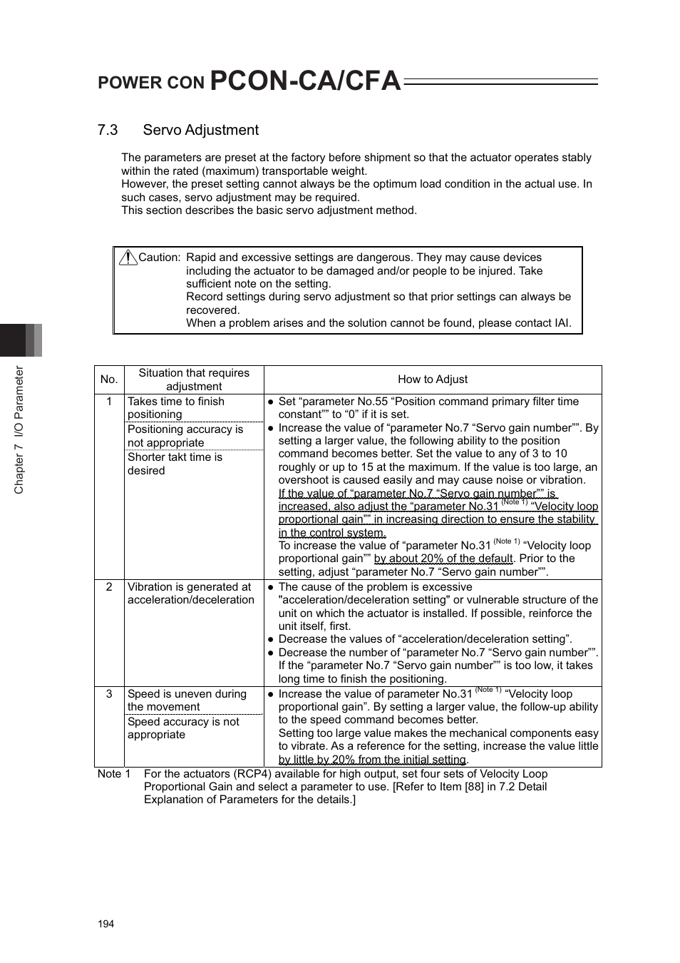 3 servo adjustment, Pcon-ca/cfa, Power con | IAI America PCON-CA User Manual | Page 202 / 296