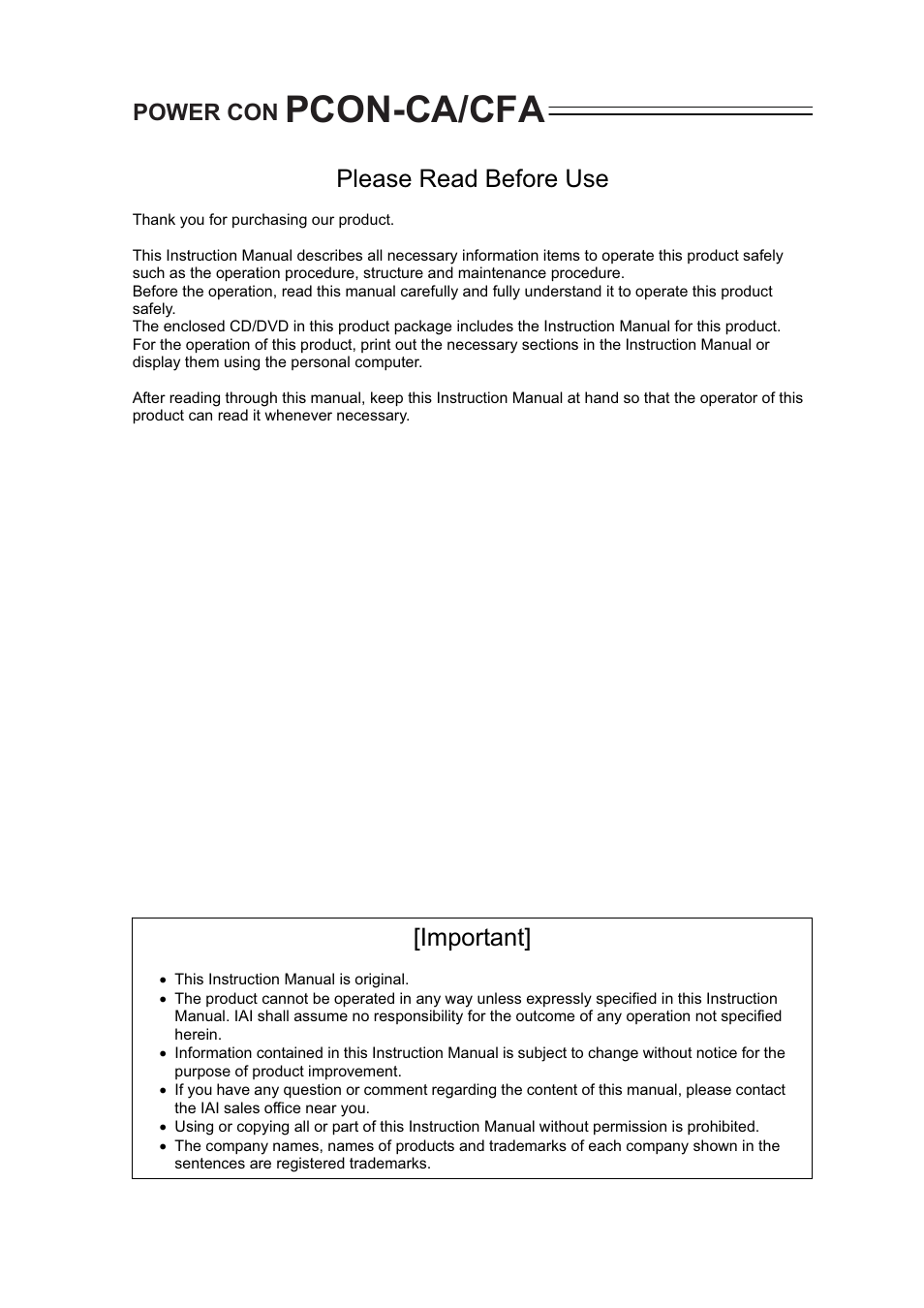 Please read before use, Pcon-ca/cfa, Important | Power con | IAI America PCON-CA User Manual | Page 3 / 296