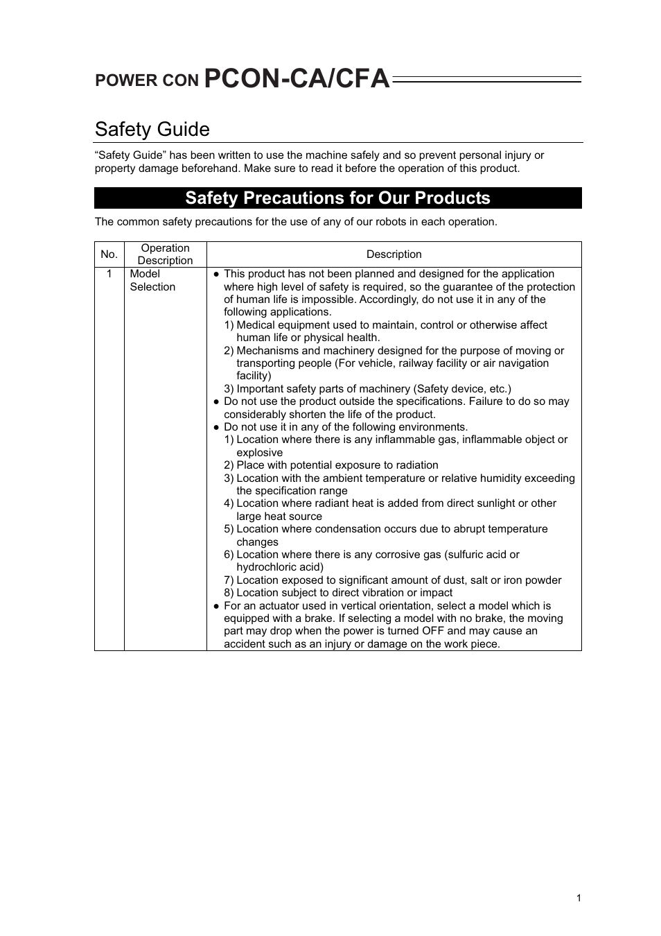 Safety guide, Pcon-ca/cfa, Safety precautions for our products | Power con | IAI America PCON-CA User Manual | Page 9 / 296