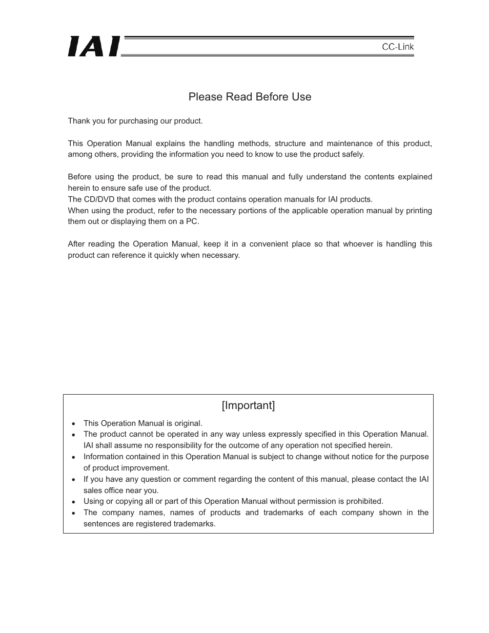 Please read before use, Important | IAI America E-Con User Manual | Page 3 / 152