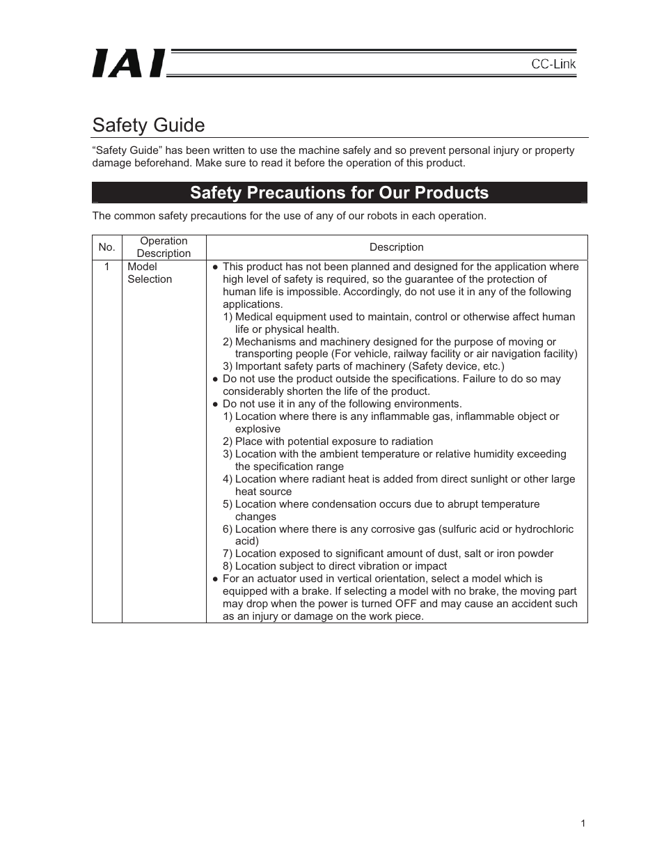 Safety guide, Safety precautions for our products | IAI America E-Con User Manual | Page 9 / 152