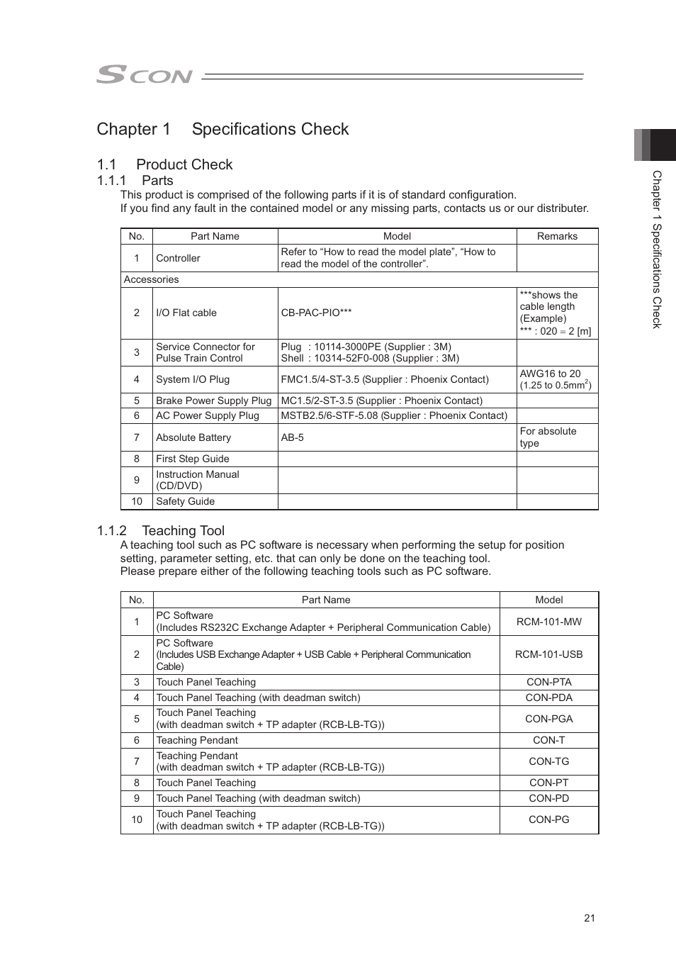 Chapter 1 specifications check, 1 product check, 1 parts | 2 teaching tool | IAI America SCON-CA User Manual | Page 31 / 354