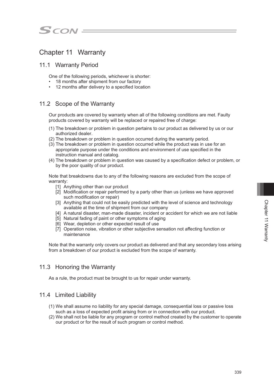 Chapter 11 warranty, 1 warranty period, 2 scope of warranty | 3 honoring the warranty, 4 limited liability, 2 scope of the warranty | IAI America SCON-CA User Manual | Page 349 / 354