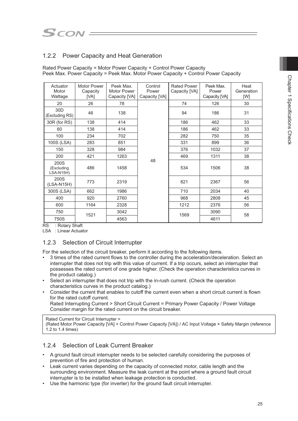 2 power capacity and heat generation, 3 selection of circuit interrupter, 4 selection of leak current breaker | IAI America SCON-CA User Manual | Page 35 / 354