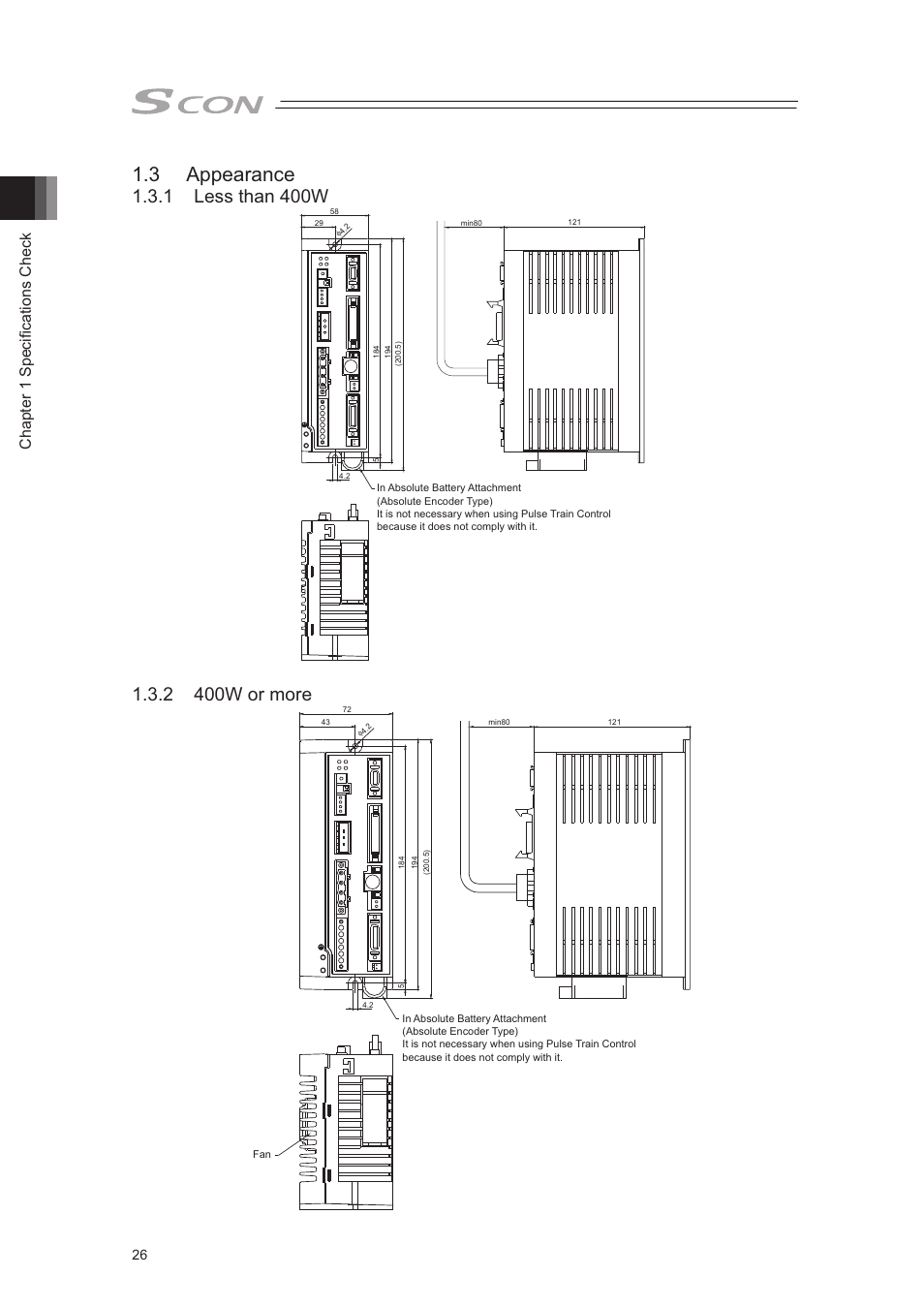 3 appearance, 1 less than 400w, 2 400w or more | Chapter 1 specifications check | IAI America SCON-CA User Manual | Page 36 / 354