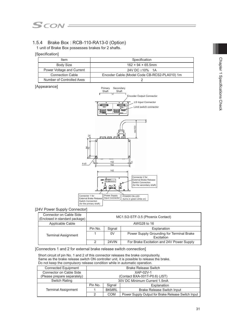 Chapter 1 specifications check, Appearance, 24v power supply connector | IAI America SCON-CA User Manual | Page 41 / 354