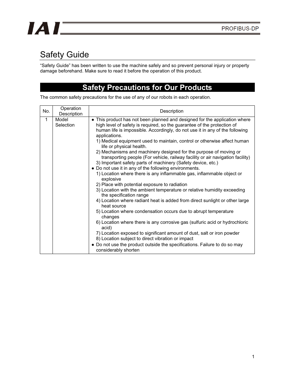 Safety guide, Safety precautions for our products | IAI America E-Con User Manual | Page 9 / 102