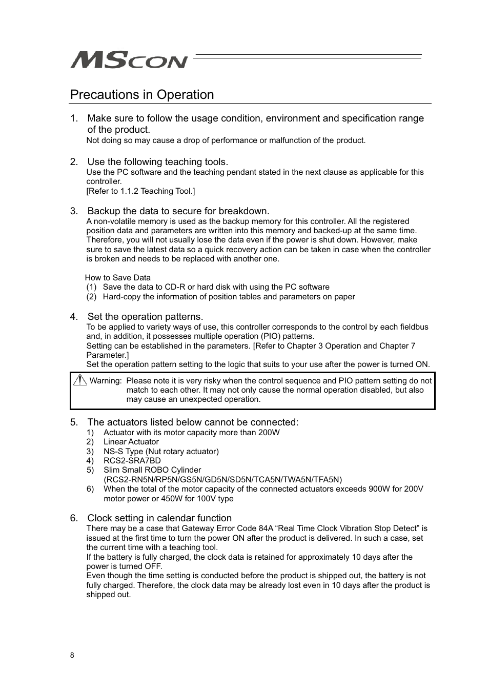 Precautions in operation | IAI America MSCON User Manual | Page 16 / 360