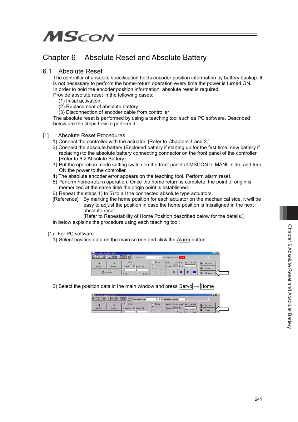 Chapter 6 absolute reset and absolute battery, 1 absolute reset | IAI America MSCON User Manual | Page 249 / 360