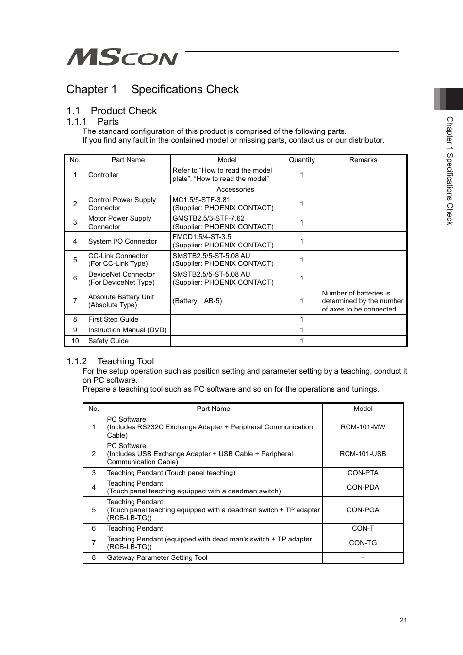 Chapter 1 specifications check, 1 product check, 1 parts | 2 teaching tool | IAI America MSCON User Manual | Page 29 / 360
