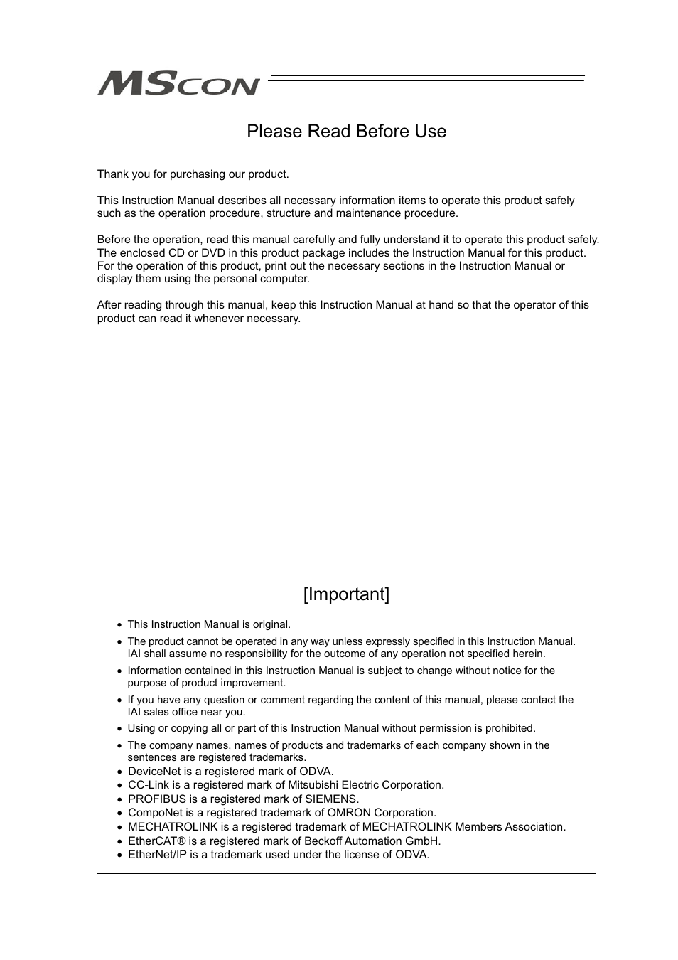 Please read before use, Important | IAI America MSCON User Manual | Page 3 / 360
