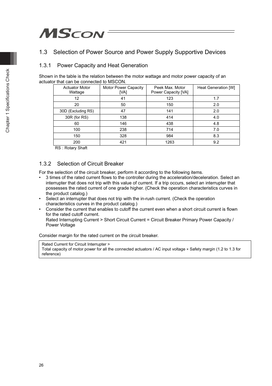 1 power capacity and heat generation, 2 selection of circuit breaker | IAI America MSCON User Manual | Page 34 / 360