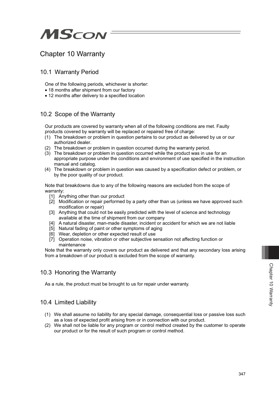 Chapter 10 warranty, 1 warranty period, 2 scope of the warranty | 3 honoring the warranty, 4 limited liability | IAI America MSCON User Manual | Page 355 / 360