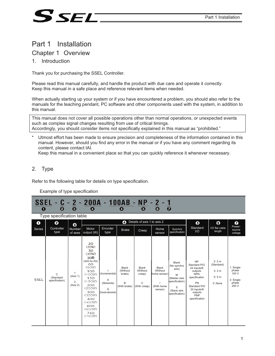 Part 1 installation, Chapter 1 overview, Introduction | Type, 1part 1 installation | IAI America SSEL User Manual | Page 23 / 494