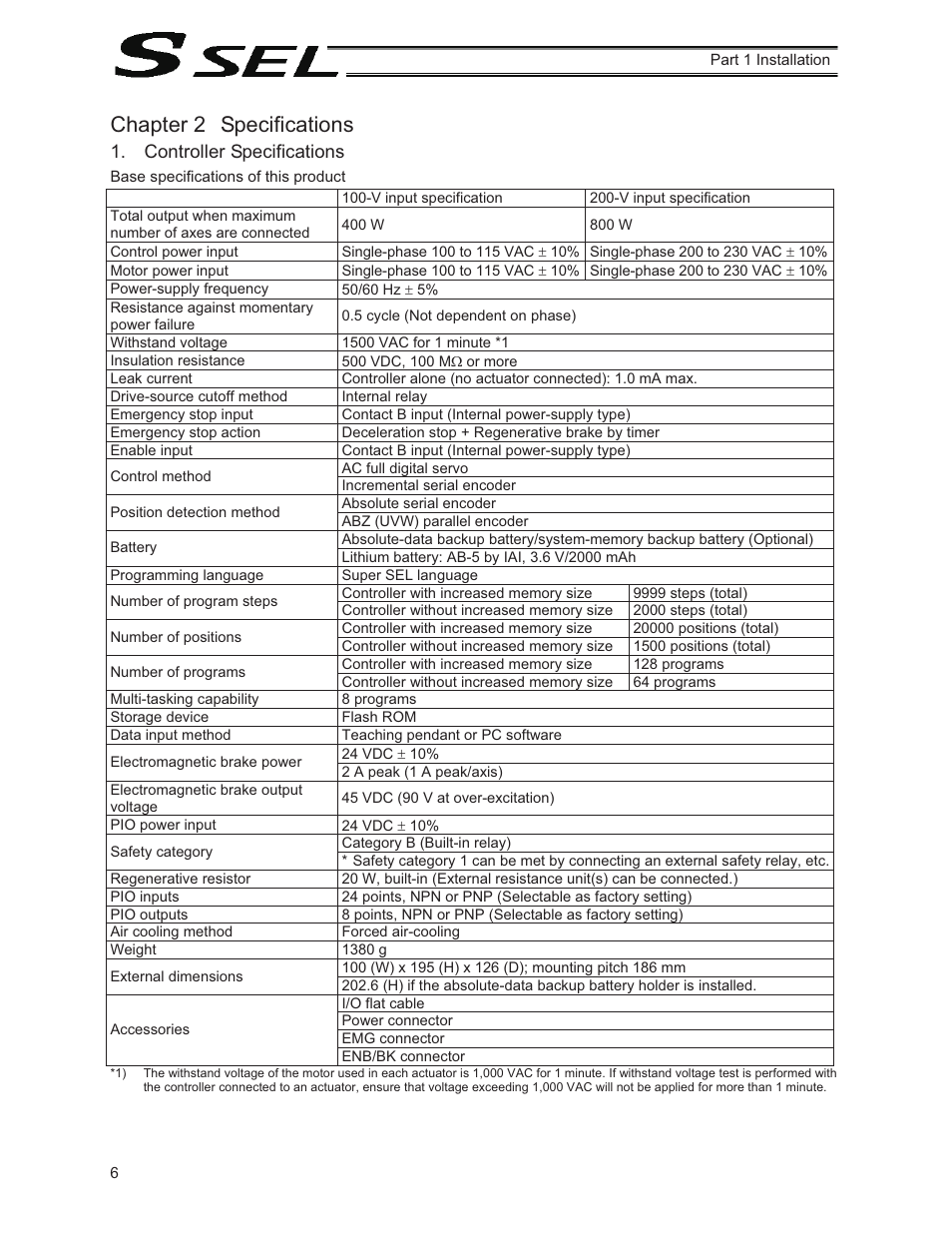 Chapter 2 specifications, Controller specifications | IAI America SSEL User Manual | Page 28 / 494