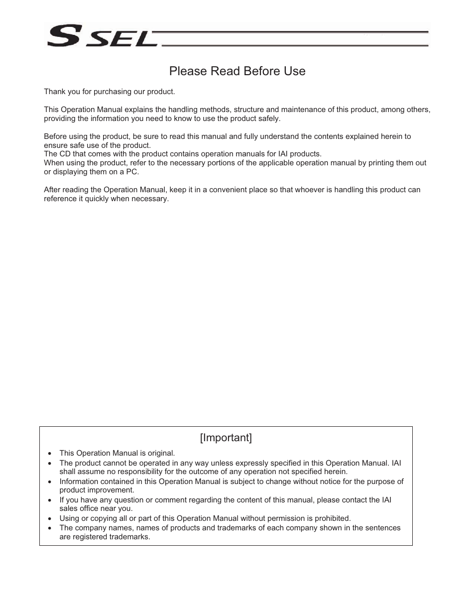 Please read before use, Important | IAI America SSEL User Manual | Page 3 / 494