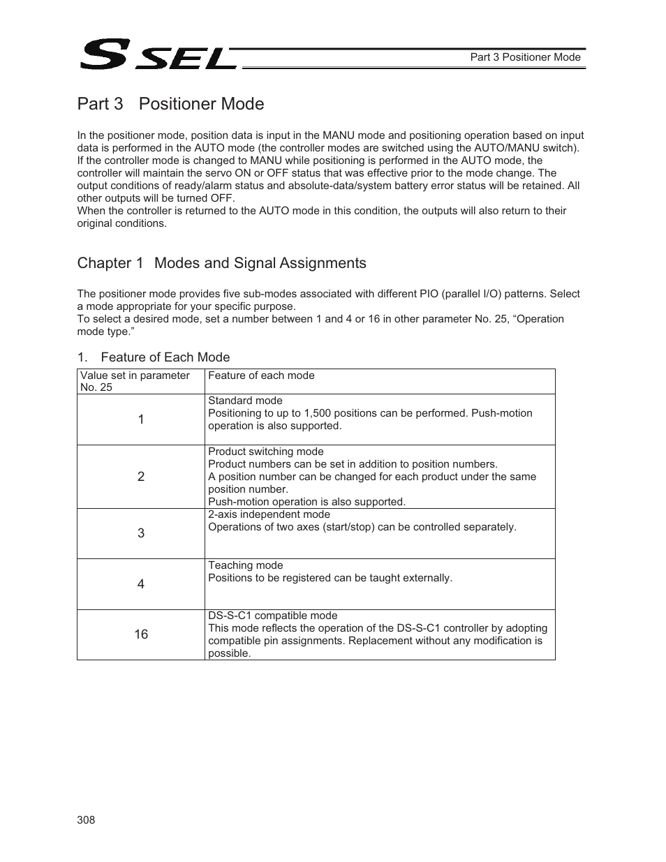 Part 3 positioner mode, Chapter 1 modes and signal assignments, Feature of each mode | IAI America SSEL User Manual | Page 330 / 494