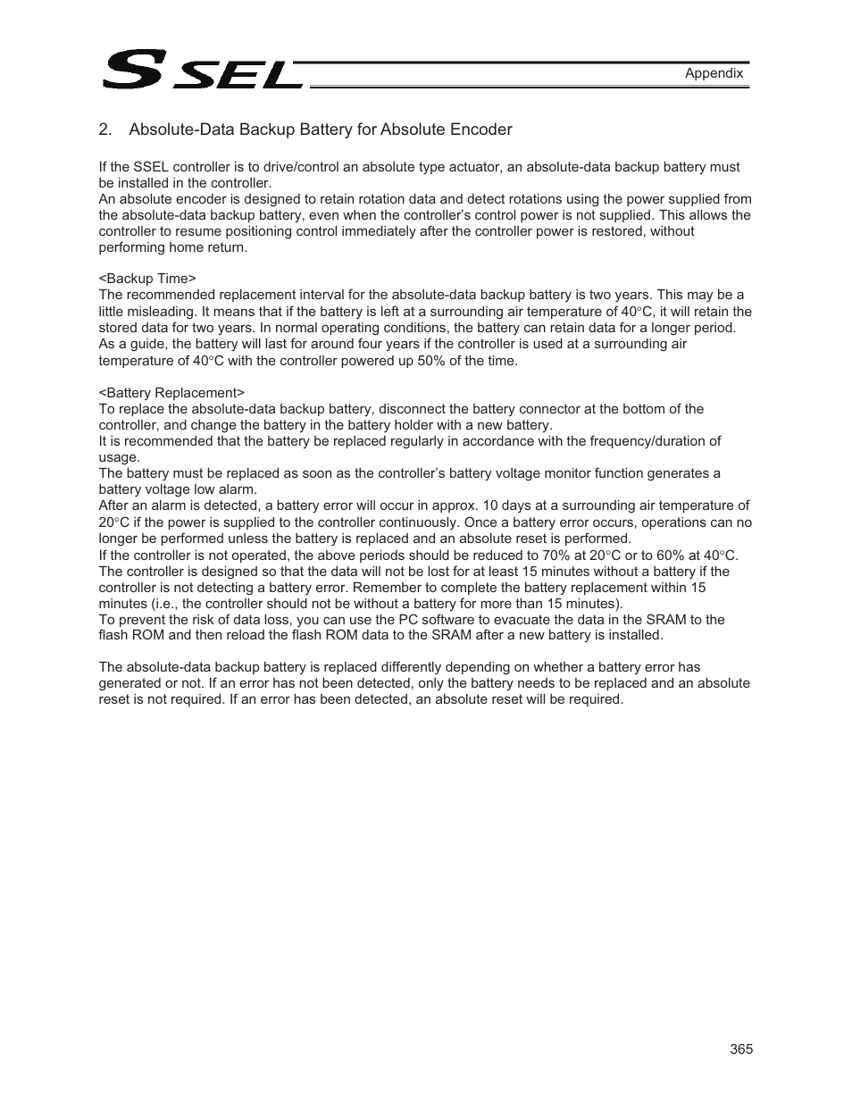 Absolute-data backup battery for absolute encoder | IAI America SSEL User Manual | Page 387 / 494