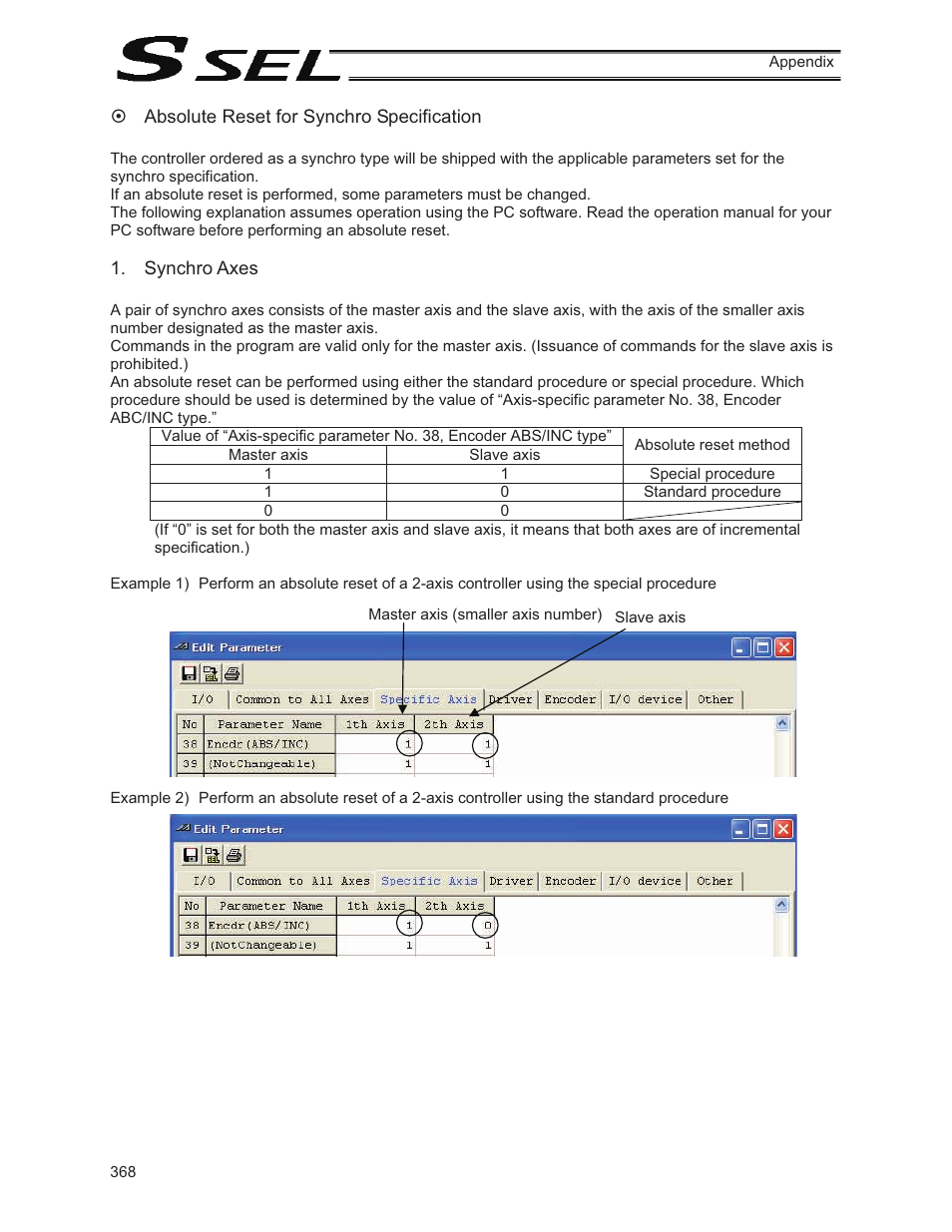 Absolute reset for synchro specification, Synchro axes | IAI America SSEL User Manual | Page 390 / 494