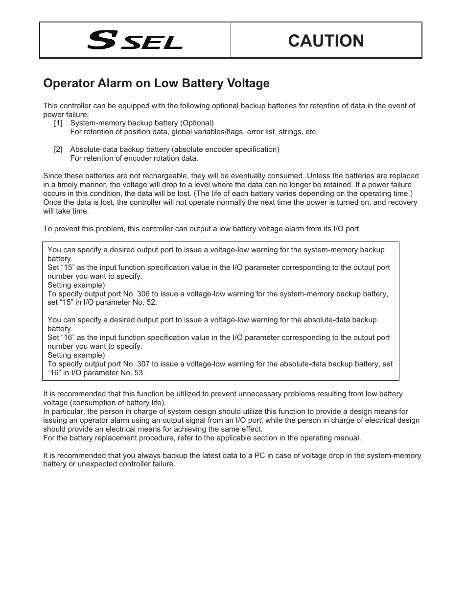 Operator alarm on low battery voltage, Caution | IAI America SSEL User Manual | Page 4 / 494