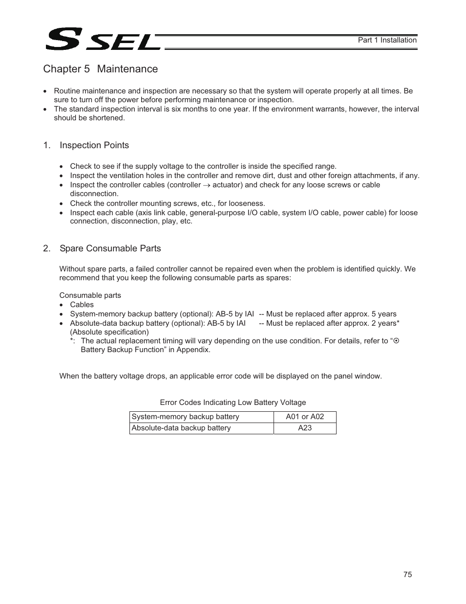 Chapter 5 maintenance, Inspection points, Spare consumable parts | IAI America SSEL User Manual | Page 97 / 494