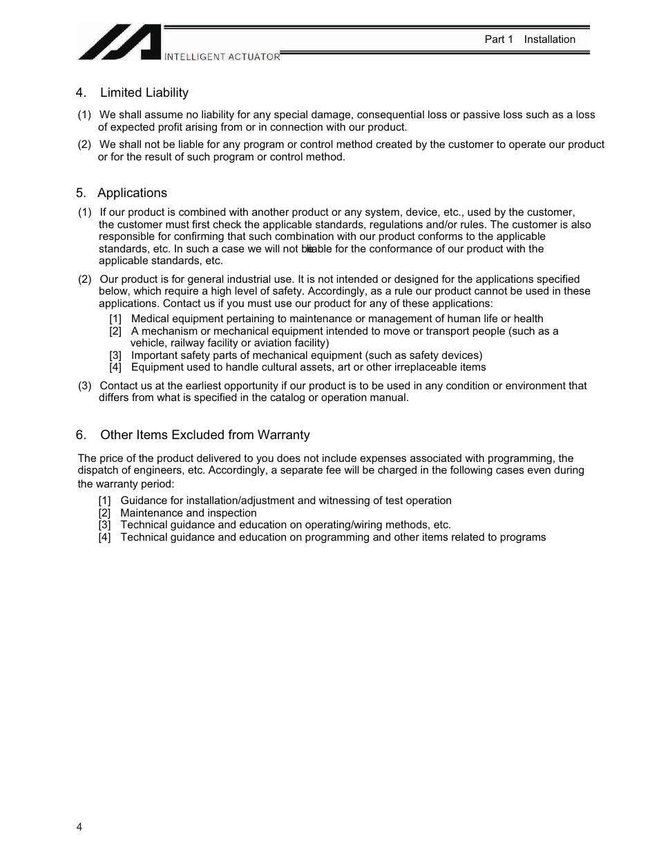 Limited liability, Applications, Other items excluded from warranty | IAI America XSEL-KE User Manual | Page 19 / 424