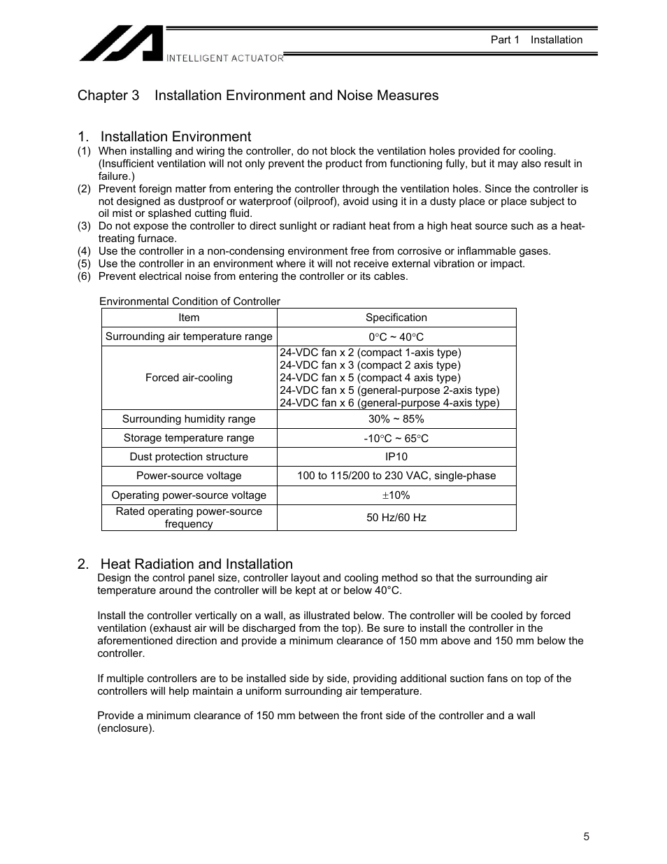 Installation environment, Heat radiation and installation | IAI America XSEL-KE User Manual | Page 20 / 424