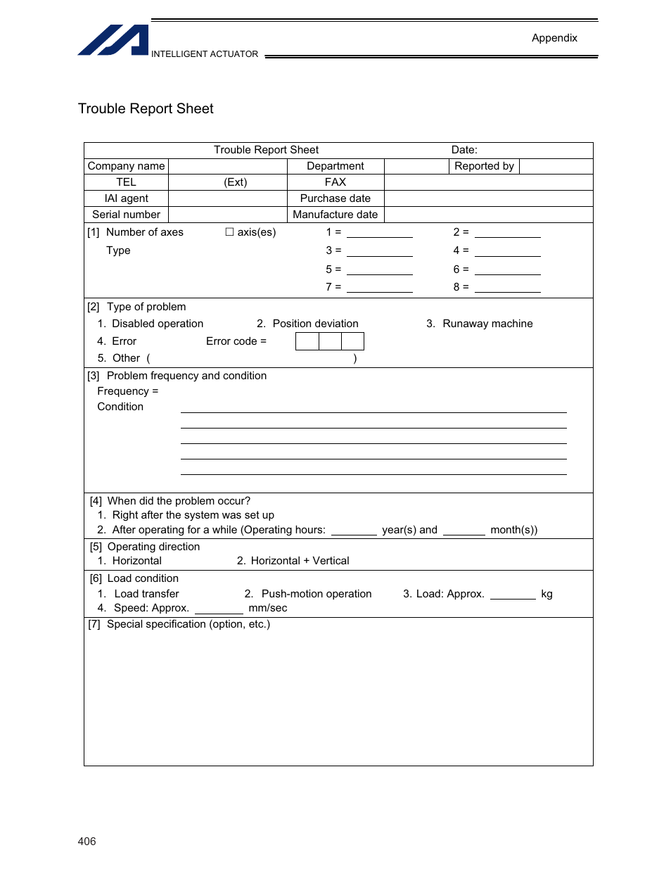 Trouble report sheet | IAI America XSEL-KE User Manual | Page 421 / 424