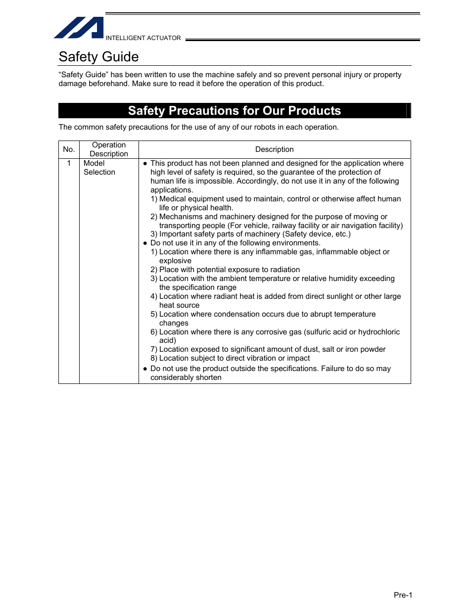 Safety guide, Pre-1, Safety precautions for our products | IAI America XSEL-KET User Manual | Page 11 / 436