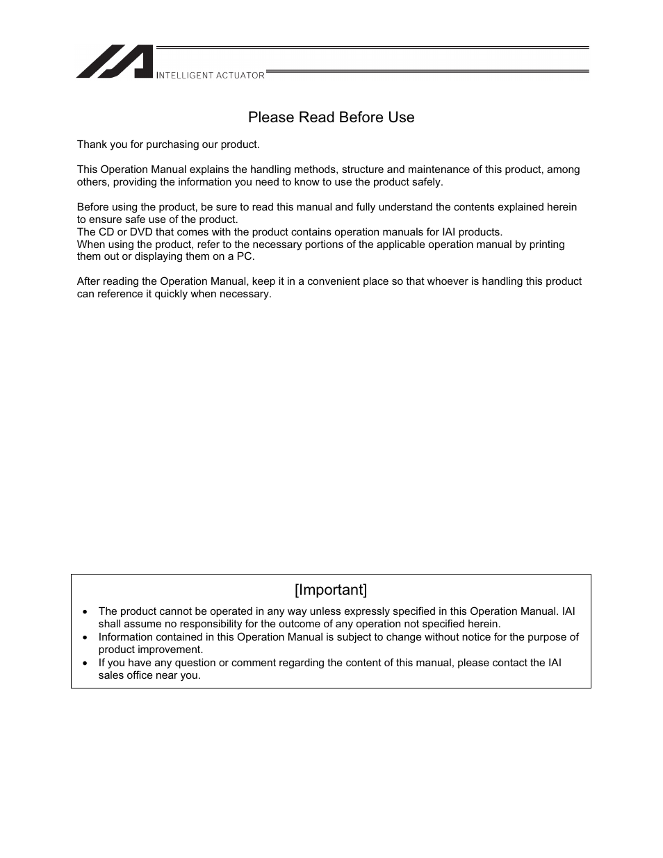 Please read before use, Important | IAI America XSEL-S User Manual | Page 3 / 212