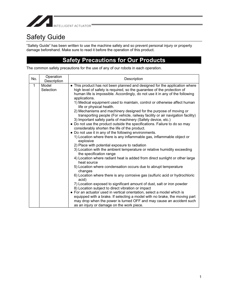 Safety guide, Safety precautions for our products | IAI America XSEL-S User Manual | Page 9 / 212