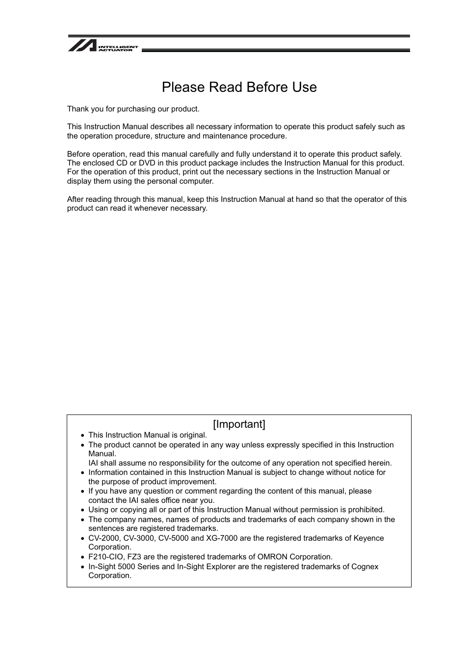 Please read before use, Important | IAI America XSEL-S User Manual | Page 3 / 128