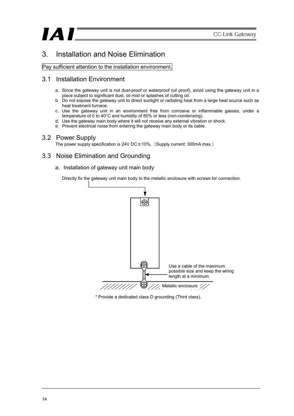 Installation and noise elimination, 1 installation environment, 2 power supply | 3 noise elimination and grounding | IAI America RCM-GW-CC User Manual | Page 18 / 132