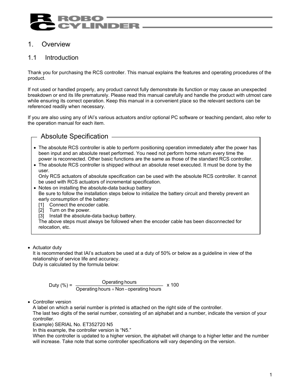 Overview, 1 introduction, Note to the user | Introduction, Absolute specification | IAI America RCS-C User Manual | Page 11 / 119