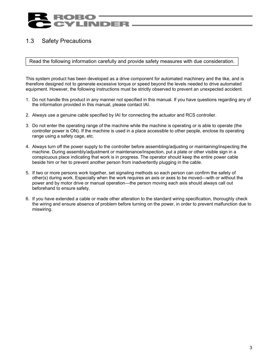 3 safety precautions, Safety precautions | IAI America RCS-C User Manual | Page 13 / 119