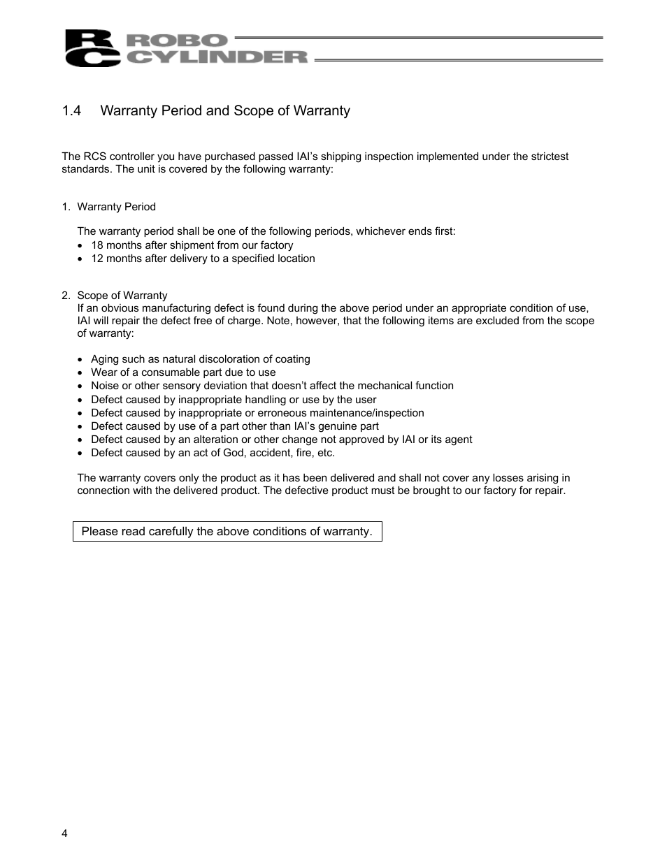 4 warranty period and scope of warranty, Warranty period and scope of warranty | IAI America RCS-C User Manual | Page 14 / 119
