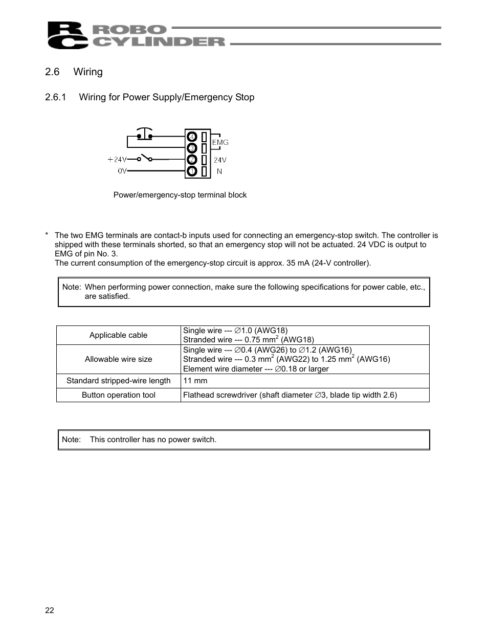 6 wiring, 1 wiring for power supply/emergency stop, Wiring | Wiring for power supply/emergency stop | IAI America RCS-C User Manual | Page 32 / 119