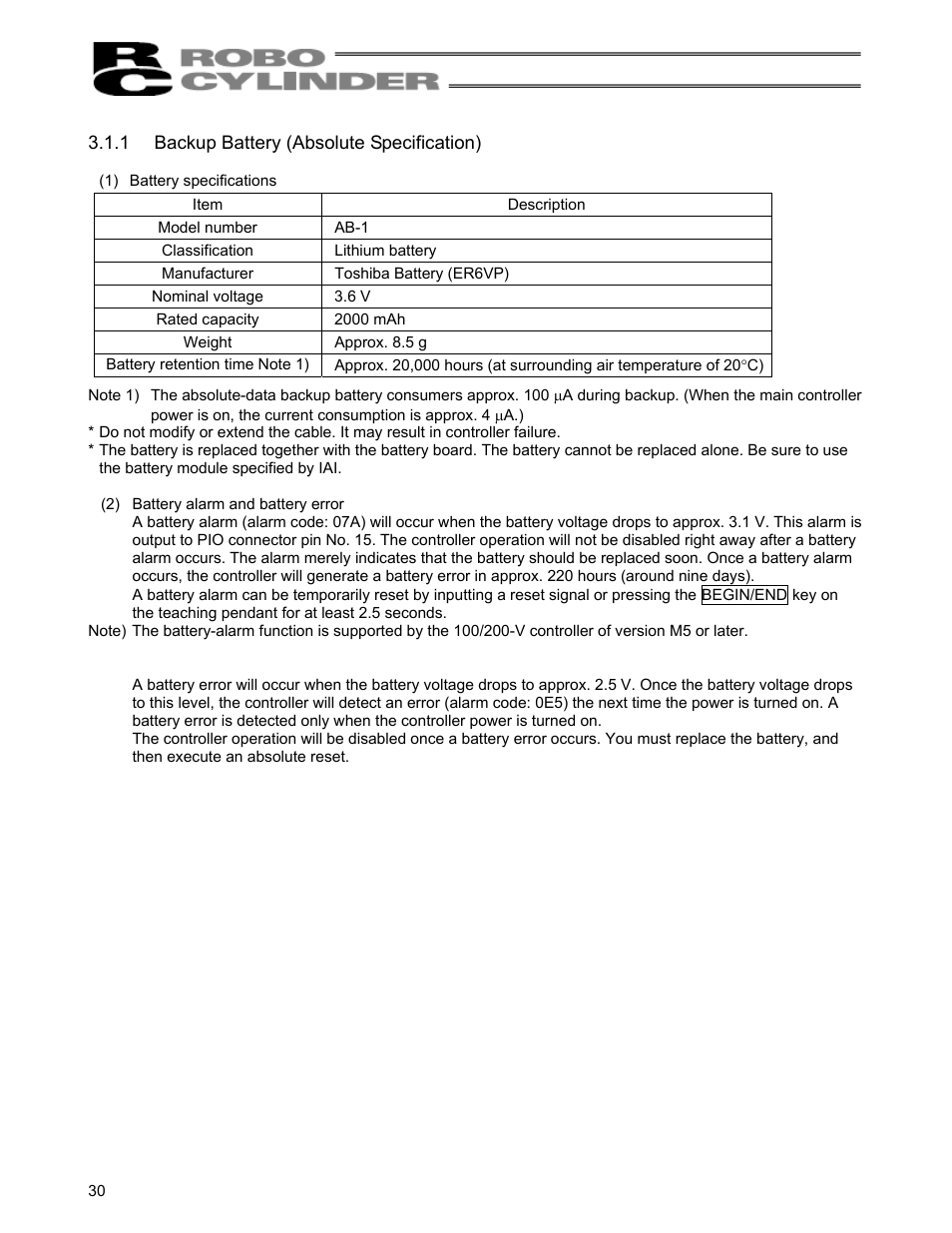 1 backup battery (absolute specification), Backup battery (absolute specification) | IAI America RCS-C User Manual | Page 40 / 119