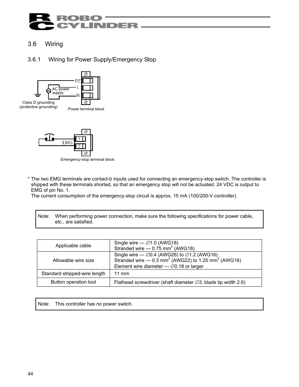 6 wiring, 1 wiring for power supply/emergency stop, Wiring | Wiring for power supply/emergency stop | IAI America RCS-C User Manual | Page 54 / 119