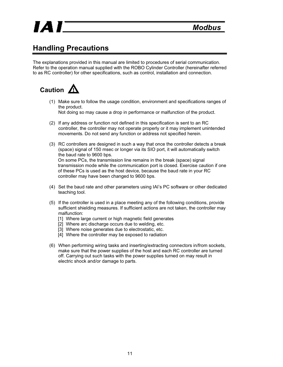 Handling precautions, Modbus handling precautions, Caution | IAI America ROBO Cylinder Series User Manual | Page 19 / 328